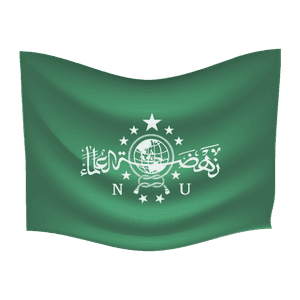 Bendera warna hijau NU berkibar dengan ilustrasi lambang putih di bagian tengah berlatar transparan