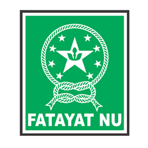 Logo resmi Fatayat NU berbentuk persegi panjang dengan latar belakang hijau, bingkai hitam, dan ilustrasi tali melingkar berisi bintang-bintang putih serta teks Fatayat NU