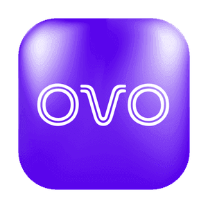 Logo OVO 3D berwarna ungu dengan efek 3D mengkilap yang menampilkan tulisan putih di tengahnya
