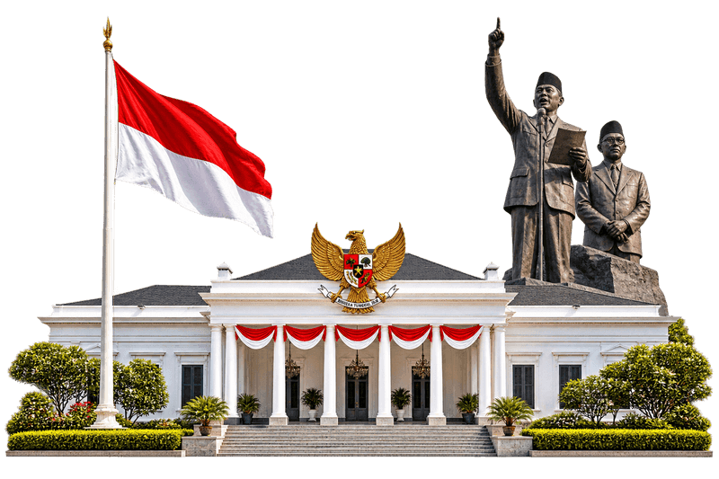 Aset PNG Transparan Gedung Bersejarah Kemerdekaan Indonesia dengan Bendera Merah Putih dan Patung Proklamator