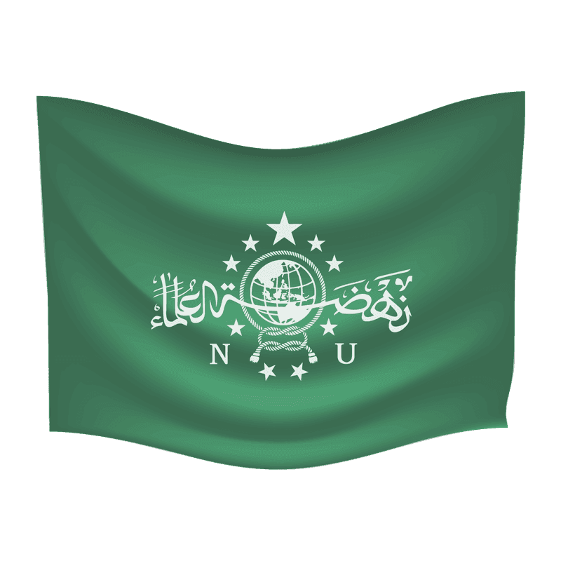 Bendera warna hijau NU berkibar dengan ilustrasi lambang putih di bagian tengah berlatar transparan