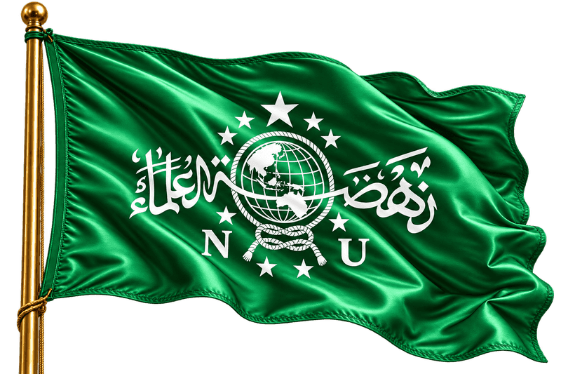 Bendera Nahdlatul Ulama (NU) hijau berkibar dengan lambang putih dan tiang emas, ilustrasi 3D PNG transparan.