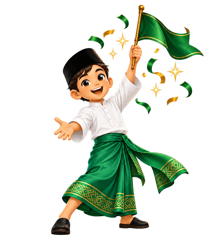 Ilustrasi 3D anak laki-laki mengenakan peci hitam, baju putih, dan kain hijau bermotif sambil mengangkat bendera hijau dan tersenyum gembira.
