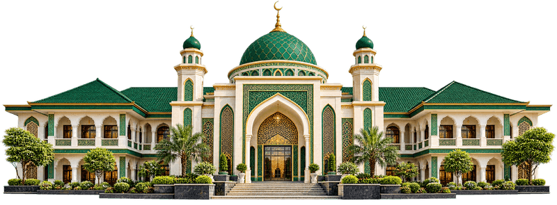 Ilustrasi bangunan masjid mewah berlantai dua dengan kubah besar berwarna hijau, menara kembar, dan dekorasi ukiran emas di latar belakang putih.