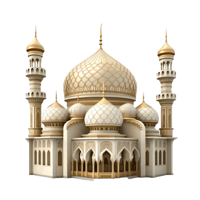 Ilustrasi bangunan masjid megah berwarna krem dengan kubah dan menara beraksen emas di atas latar belakang transparan
