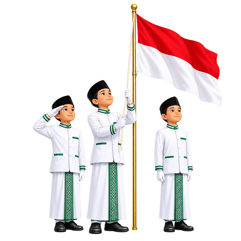 Tiga anak laki-laki berseragam putih dan peci hitam sedang mengibarkan tiang bendera merah putih berukuran besar