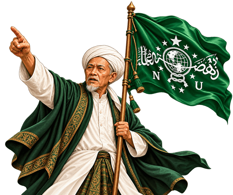 Seorang ulama berpeci putih dan berjubah hijau memegang tiang bendera hijau dengan satu tangan sementara tangan lainnya menunjuk ke depan.