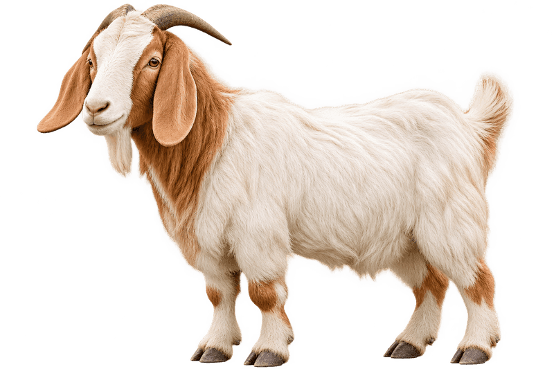 Seekor kambing berdiri dengan kombinasi warna bulu putih dan coklat serta tanduk melengkung
