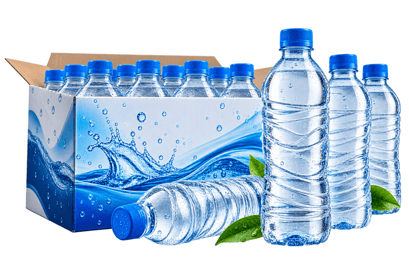 Sekelompok botol plastik air mineral transparan dengan tutup biru di dalam dan di depan kardus kemasan