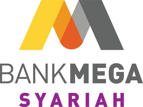 Logo perusahaan dengan ikon huruf M kombinasi warna kuning, jingga, dan abu-abu, serta teks BANK MEGA SYARIAH