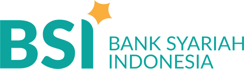 Logo teks BSI berwarna hijau toska dengan bintang kuning di atas huruf S dan teks Bank Syariah Indonesia di sampingnya