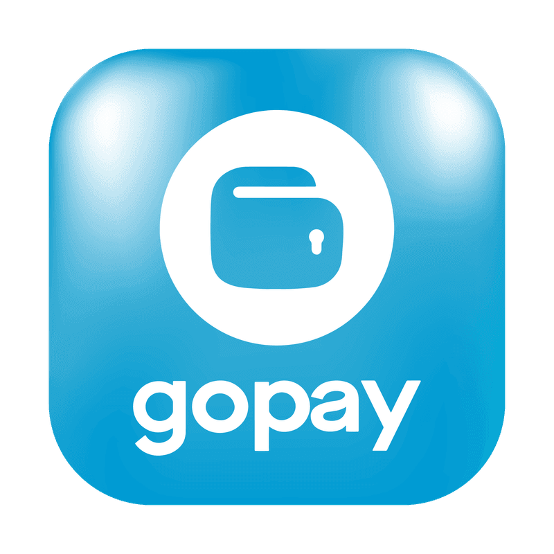 Logo Gopay dengan latar belakang kotak biru sudut melengkung dan ikon dompet putih di dalamnya