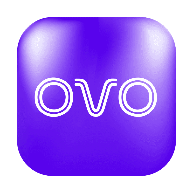 Logo OVO 3D berwarna ungu dengan efek 3D mengkilap yang menampilkan tulisan putih di tengahnya