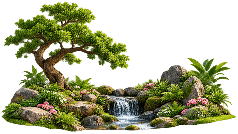 Lush Garden Rockery Waterfall Cutout