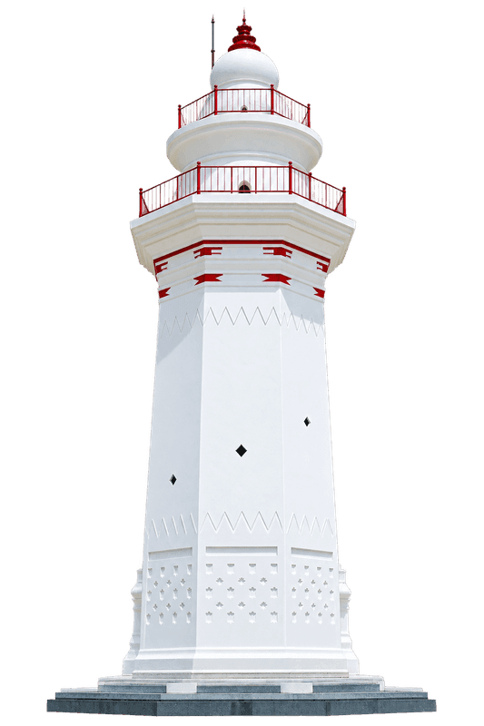 Menara banten dengan detail merah dan pagar pengaman di bagian atas berlatar belakang putih