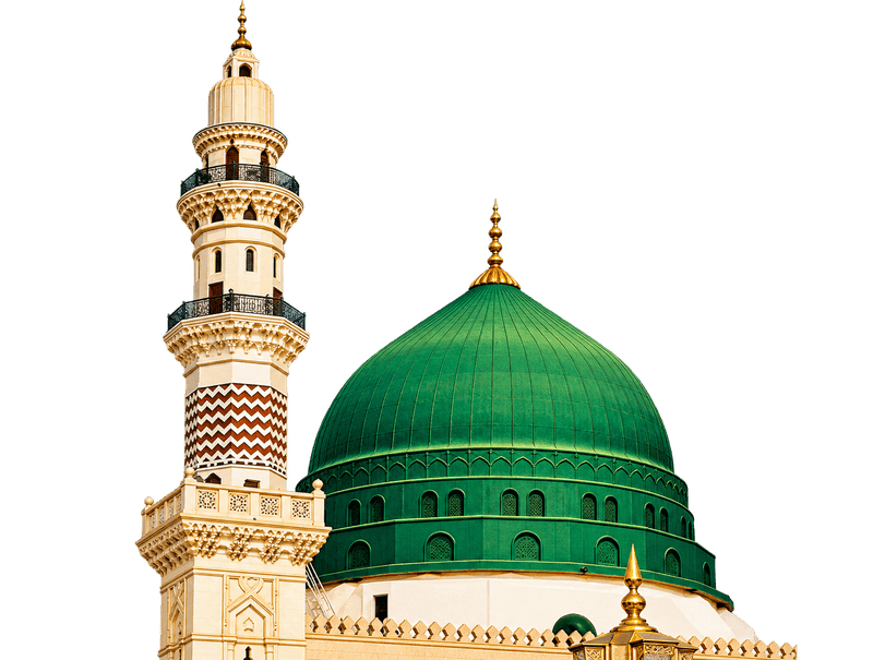 Ilustrasi menara masjid madinah ramping di samping kubah besar berwarna hijau dengan hiasan emas