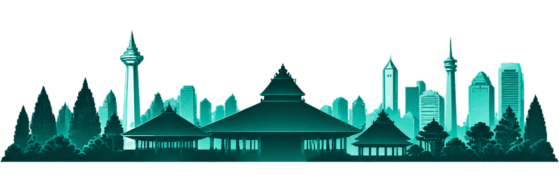 Ilustrasi vektor horisontal siluet pemandangan kota bernuansa hijau teal menampilkan bangunan tradisional beratap joglo dan pencakar langit