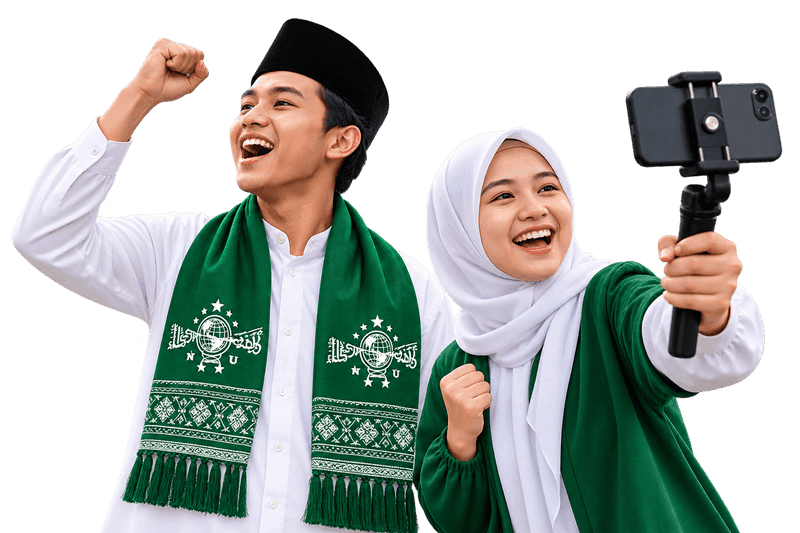 Pemuda mengenakan peci dan syal hijau serta wanita berhijab putih sedang berswafoto menggunakan ponsel dengan ekspresi gembira