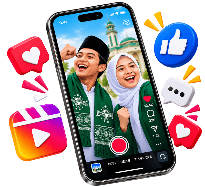 Ilustrasi ponsel pintar menampilkan video dua orang pemuda tersenyum gembira dikelilingi ikon media sosial dan tanda suka 3D