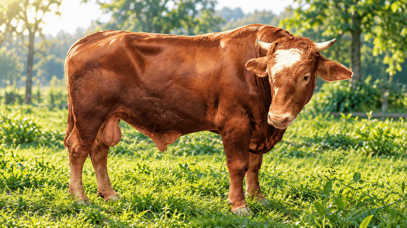 Seekor sapi jantan berbulu cokelat dengan tanduk berdiri di padang rumput hijau yang cerah.