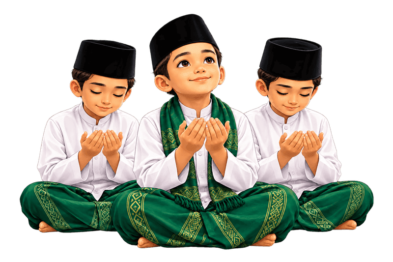 Ilustrasi tiga anak laki-laki mengenakan baju putih, peci hitam, dan sarung hijau sedang duduk bersila sambil menadahkan tangan berdoa