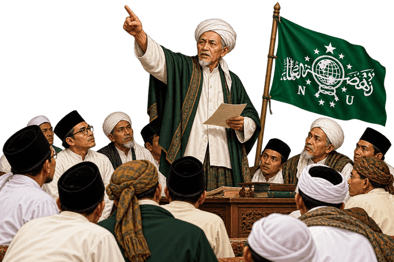Seorang ulama bersorban hijau dan putih berdiri menyampaikan ceramah dan menunjuk ke atas di depan sekelompok jamaah yang mendengarkan dengan seksama.